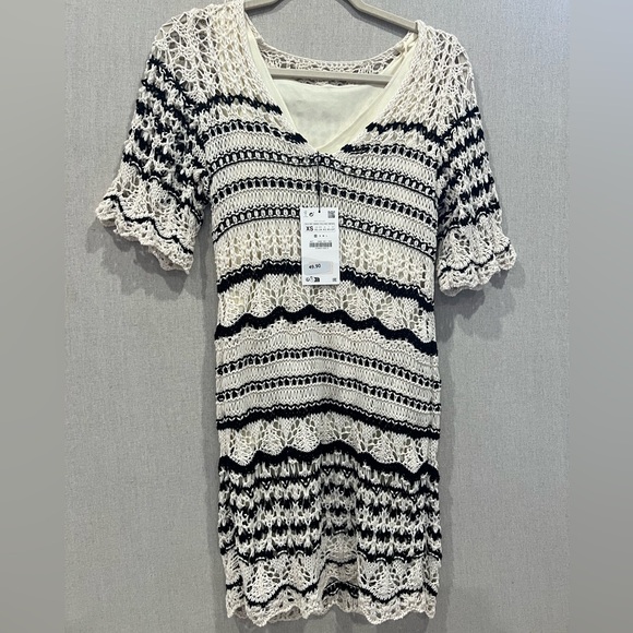 Zara Crochet Mini Dress White & Black - Picture 2 of 2